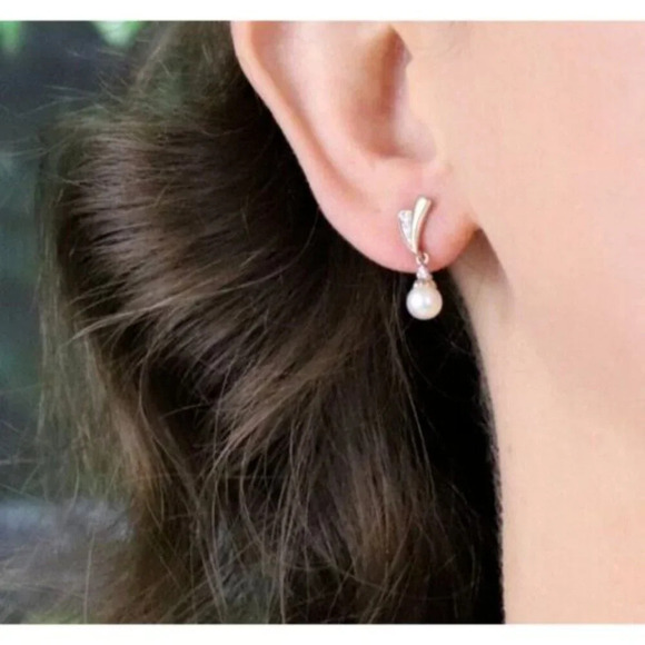 10k Yellow Gold Freshwater Pearl Earrings Dangle Drop - Picture 4 of 9